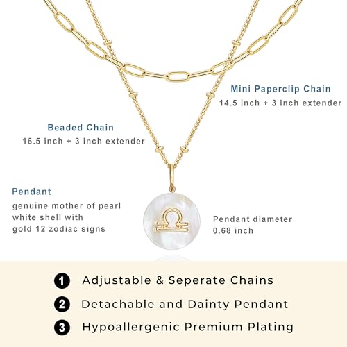 Zodiac Gold Sign on White Pearl & Shell Necklace - 2 Layered & Separate Chain with Dainty Disc Shell Pendant, Featuring 12 Constellations, Perfect Jewelry for Birthday Gifts2