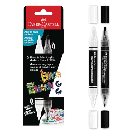 Faber-Castell Shake & Paint Marqueurs : noir et blanc – 2 marqueurs de peinture à double pointe, marqueurs permanents pour vêtements, stylo de peinture...