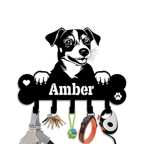 NIWAHO Personalized Jack Russell Terrier Dog Leash Holder for Wall – Custom Name Bone Plaque with Hooks, Key & Leash Organizer, Dog Room Decor