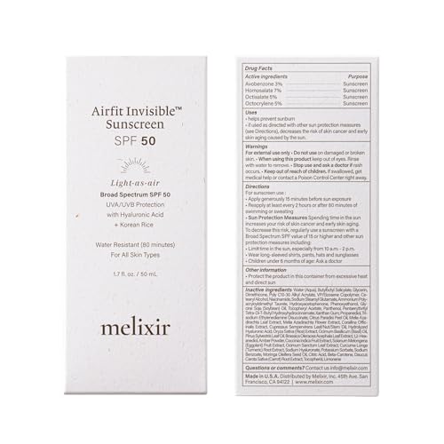 Image of Melixir Airfit Invisible Sunscreen SPF 50, Broad Spectrum Korean Rice Sunscreen for Face, Hyaluronic Acid, Moisturizing Daily Protection for Sensitive Skin, No White Cast, Waterproof (1.7fl.oz. /50ml)