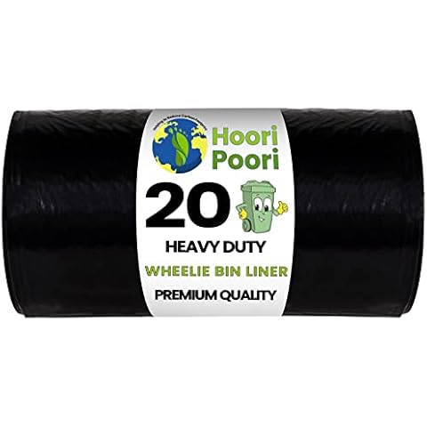 HooriPoori 20 super strong Heavy Duty Wheelie Bin Liners 240 Litre Large Wheelie Bin Bags Black Refuse Sacks For Home, Garden Kitchen House Office Caterers Rubbish 100% Waste Recycled Material Cover