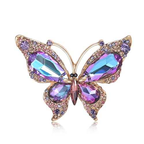 Dreuyet Rhinestone Butterfly Brooch Pin for Women Shiny Colorful Crystal Butterfly Lapel Pins Elegant Insect Dress Corsage Bouquet Brooches Bride Wedding Jewelry Gifts (Gold Purple)
