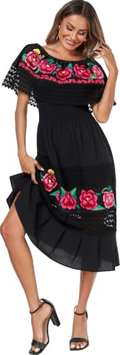 Image of YZXDORWJ Women Embroidered Mexican Peasant Casual Sexy Lace Off-Shoulder Long Dress