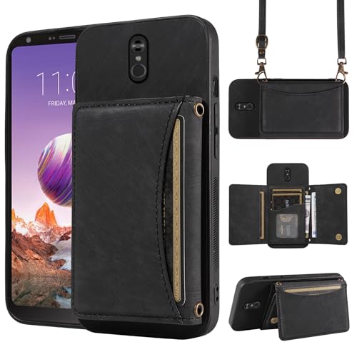 Phone Case For LG Stylo 4 Wallet Cover with Crossbody Shoulder Strap and Leather Credit Card Holder Pocket Slim Cell Accessories Stylo4 Plus LGstylo4 Sylo4 Style 04 4+ Q Stylus Alpha Stlo4 Black