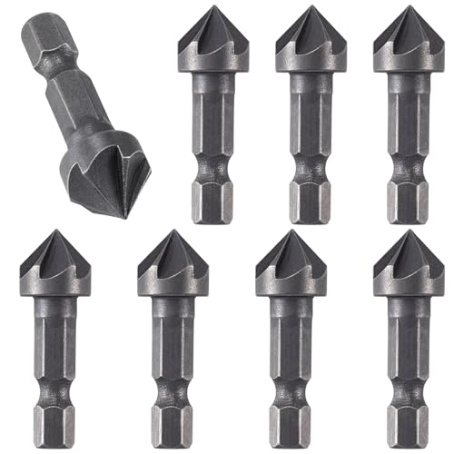 Isslly HX6619-M 8Pcs Countersink Drill Bit, 6 Flute Chamfer Bits For 1/4 Inch Hex Shank, High-Carbon Steel Counter Sink Drill Bits cover