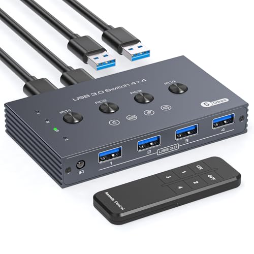USB 3.0 Switch Selector 4 Computers Share 4 Port USB A Devices for Mouse Keyboard Printer Scanne with Wireless Remote Control and Cable Included