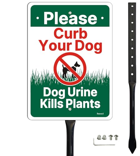 Smeryl Dog Urine Kills Plants, Please Curb Your Dog Sign with 17.7” Stake for Yard, 10” x 7” No Peeing Sign for Lawn, Rust-Free Aluminum, Weatherproof, Easy to Install, 1 Pack