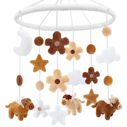 Image of Eunikroko Highland Cow Nursery Crib Mobile Neutral Scottish Farm Animal Calf Hanging Decor with Furry Cattles Boho Flowers Clouds Moon Stars Newborn Gifts for Baby Boys and Girls Room Bedroom