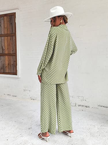 Floerns Women's 2 Piece Outfits Slit Hem Longline Blouse And Wide Leg Pants Set Green Argyle S #TOP1