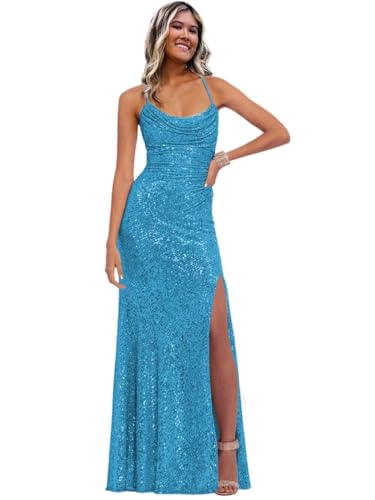 Image of Stylefun Women's Halter Mermaid Prom Dresses with Slit Long Sequin Formal Cocktail Party Dress STN027