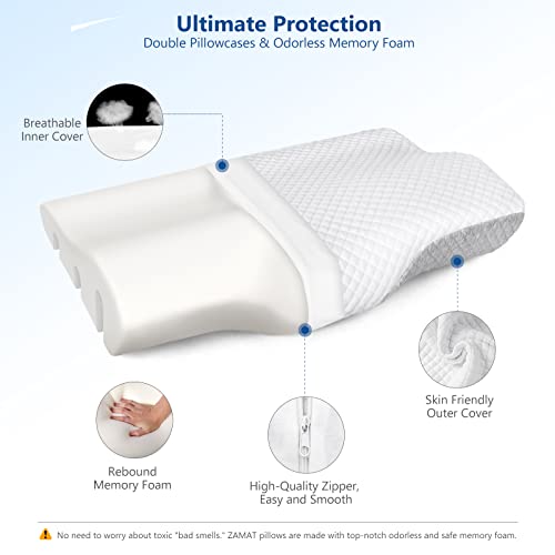 Image of ZAMAT Memory Foam Pillow for Neck Pain Relief, Adjustable Ergonomic Cervical Pillow for Sleeping, Orthopedic Neck Pillow with Washable Cover, Bed Pillows for Side, Back, Stomach Sleepers