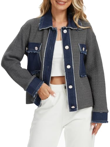Womens Patchwork Denim Cardigan Sweater 2025 Fall Winter Button Down Long Sleeve Chunky Knit Cardigan with Pockets - Main Image
