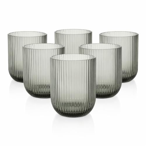 MECSAL CASALINGHI Set 6 Bicchieri Vetro Rigato 300 ml – Bicchieri Acqua e Cocktail Design Moderno, Bicchieri Colorati Eleganti per Tavola e Cucina, Resistenti Lavastoviglie, Tumbler in Vetro (Grigio)