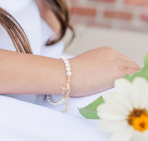 Children's 14K Gold Plated or Sterling Silver Cross Bracelet with Simulated Pearls for Girls First Communion, Baptism, Christening or Dedication Gift3