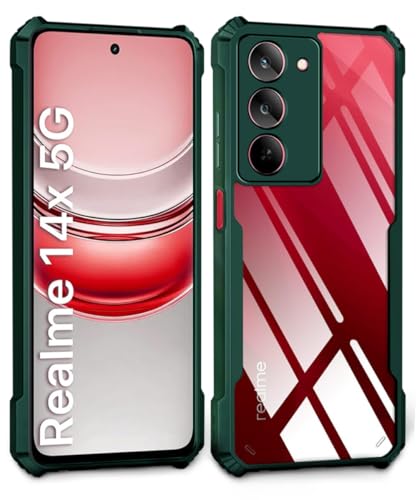 Image of WOW IMAGINE PC,TPU Shock Proof Clear Protective Back Case For Realme 14X 5G|Realme Narzo 80X|P3X-Airedge Technology|360 Degree Camera Protection|Transparent Hybrid Back Case Mobile Cover-Green