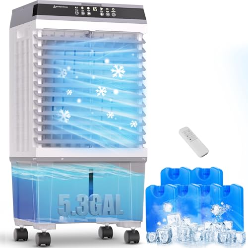YEW 32' Swamp Cooler Air Conditioner,1800 CFM Portable Evaporative Air Cooler,Cooling Fan for Room Garage Patio,5.3 Gal Water Tank,3 Speeds,6 Ice Boxes,12H Timer,Remote,Grey