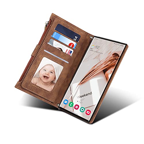 Lbyzcase Samsung Galaxy S22 Ultra 5G Case For Women,Adjustable Crossbody Lanyard Wrist Strap Durable Zipper Pocket Card Slots Protective Cover For Samsung Galaxy S22 Ultra 6.8" (Brown) #TOP3