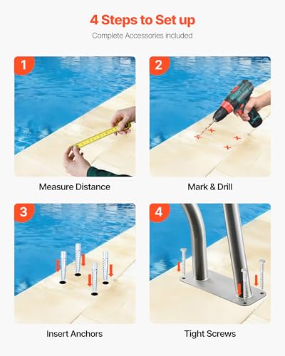 Image of VEVOR Pool Rail, 31 x 22 inch Pool Handrail, 220 lbs Load Capacity Heavy Duty 304 Stainless Steel Swimming Handrail, Detachable Nonslip Sleeve, Rich Accessories, for Poolside, Water Parks, Spa Centers
