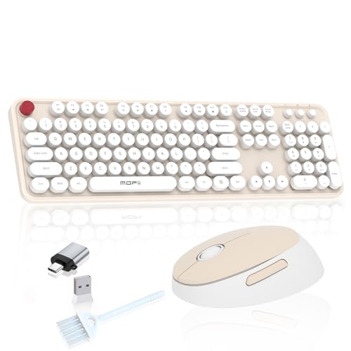 Cream Wireless Keyboard Mouse, COOFUN 104 Keys Full Size White