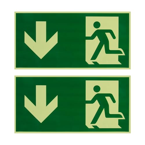 2 Piezas 30 x 15cm Cartel Salida de Emergencia Autoadhesivo Luminiscente, Cartel Salida Homologado, Señal Ruta de Escape y Rescate Hacia Abajo, Resistente al UV, para Edificios Públicos y Privados