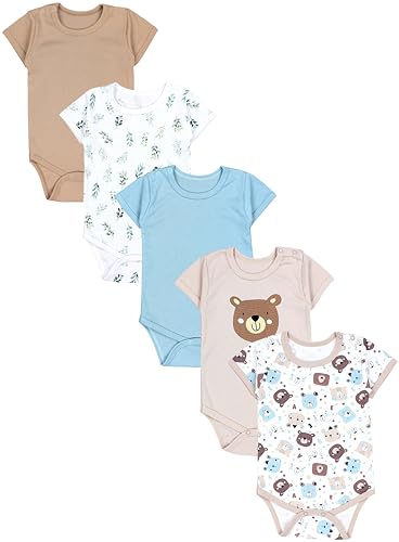 TupTam Body Bebé – Pack de 5 Bodies Bebé Niño 0-3 Meses – Body Bebé 100% Algodón Transpirable, El oso deja el iceberg beige, 98