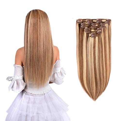 20" Remy Clip in Hair Extensions Human Hair #12/613 for Women Beauty - Long Silky Straight 8pcs 20clips Real Hair Extensions Clip in Human Hair (20 inches 100g #12/613 Golden Brown Mix Bleach Blonde)