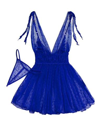 Image of Lilosy Sexy Polka Dots Mesh Sheer Lace Babydoll Chemise Lingerie Set Floral Sleep Wear