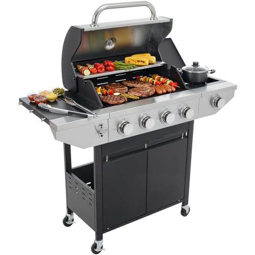 EUHOME 4-Burner Propane Gas BBQ Grill with Side Burner, 46,500 BTU Output Stainless Steel Barbecue...