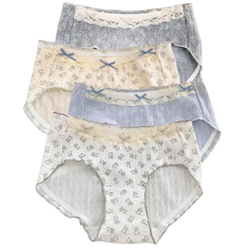 Cute Bear Korean Ruffled Panties for Teen Girls Breathable Cotton Fabric Mid Rise Anime Underwear 3XL 4 Pack