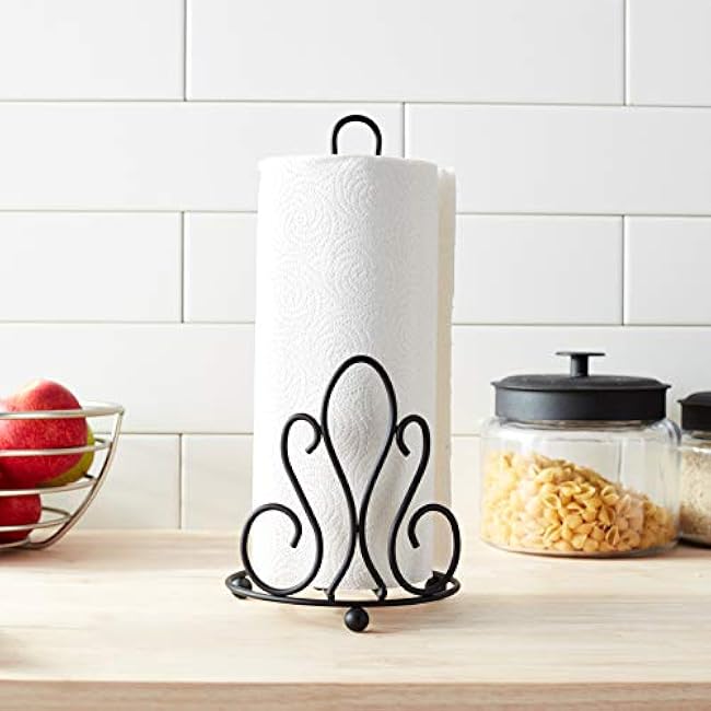 Spectrum Diversified Tuscan Paper Towel Holder, Roll Dispenser Stand for Kitchen Countertop & Dining Room Table, Black