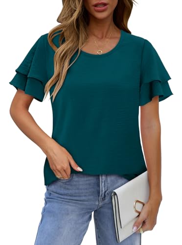 CRAZY GRID Women's Shirts Summer Casual Crewneck Ruffle Short Sleeve Blouses Cute Floral Print Tunic Tops