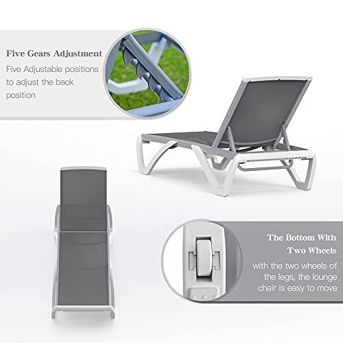 Image of Domi Outdoor Lounge Chair, Aluminum Patio Chaise Lounge with 5 Position Adjustable Backrest and Wheels, All Weather Reclining Chair with Side Table for Patio, Yard,Balcony,Poolside (Grey)