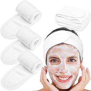4 Counts Spa Facial Headband Whaline Head Wrap Terry Cloth Headband Stretch Towel with Magic Tape for Bath, Makeup and Sport, 3.5″ Wide (White)
