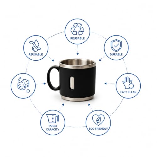 Image of Premium Stainless Steel Double Wall Coffee Mug Set of 6 (150ml Each) | Insulated Reusable Tea & Coffee Cups | Rust Resistant | Hot & Cold Drink Mugs | Gift Set for Home & Office (Black)