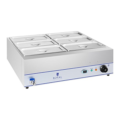 Royal Catering RCBM-6W-2000 Bain Marie Wasserbad Speisenwärmer Bain Marie Behälter (2.000 Watt, 6 x GN-Behälter, Ablasshahn, Edelstahl, LCD-Display)