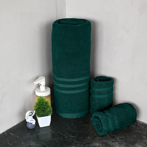 Image of Divine Casa Cotton Towel Set 1 Bath + 2 Hand Towels Green, 550 GSM Ultra Soft & Highly Absorbent, Bath 150 x 75 cm & Hand 60 x 40 cm