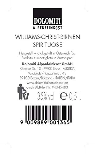 Dolomiti Williams-Christ-Birnen Schnaps Premium Spirituose 35% vol. fruchtiger, angenehm Obstbrände (3 x 0.5 l)