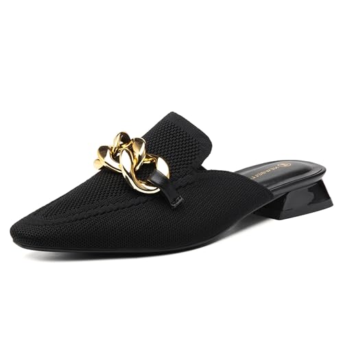 Image of NEWBELLA Women's Knit Pointed Toe Mule Slides, Chunky Gold Chain Decor, Low Block Heel, Slip On Loafer for Daily Office Wear