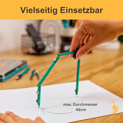 Premium Zirkelset von NIBOR in schönen Farben | Langlebiges, 9-teiliges Geometrieset | Geeignet um Präzision zu erschaffen | Grün