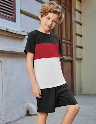 Image of Arshiner Boys' 2-Piece Cotton Outfit Color Block T-Shirt and Shorts Set Summer Camo Clothes for Kids 5-14 Years