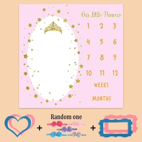 Image of Monthly Milestone Blanket for Baby Girl, 47 inchx47 inch Soft Flannel Pink Princess Memory Growth Blanket, Photography Backdrop Prop for Newborn Baby Shower, 1 to 12 Months Include Marks BTXTPH837