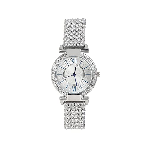 Haute Sauce Women's Embellished Silver Round Analog Dial with Silver Stainless Steel Strap | Foldover Closure | Quartz Movement | Battery Power | Fashion Wrist Belt Watch for Girls and Female