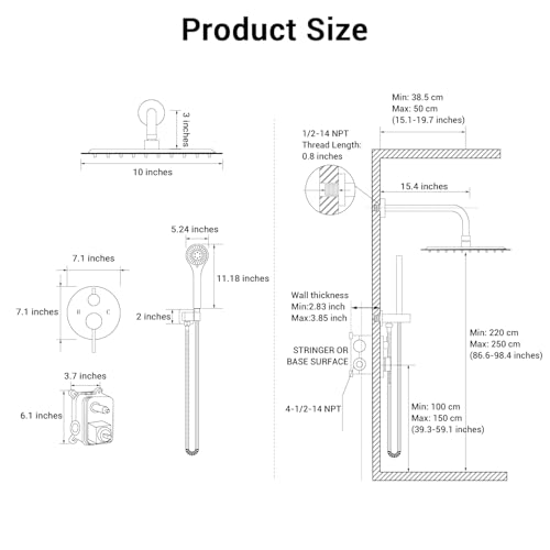 Juego de grifería para ducha de pared de 10 pulgadas, acabado negro mate, cuerpo de válvula | Acero inoxidable 304 resistente a la corrosión, tecnología Air Tech que aumenta la presión un 50 %, diverter de 2 funciones, conexión NPT 1/2 miniatura 7