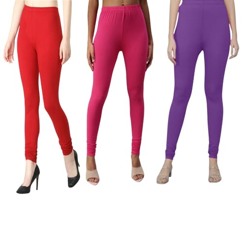 Image of Tanu Women's Cotton Leggings | Ultra-Soft, Stretchable and Comfortable | Casual Slim Fit Full Length Leggings for Women and Girls (Combo Pack of 3)