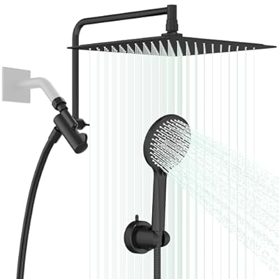 Kurpot Double Shower Heads with Handheld Spray Combo, 10" Stainless Steel Rain Shower Head with Handheld, 3+3 Shower Mode, 13" Adjustable Shower Extension Arm and 59" Long Shower Hose, Matte Black
