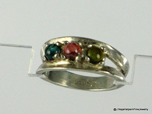 TOURMALINE RING, Green Peach Olive Tourmaline, 3 Stone Multi TOURMALINE STERLING SILVER RING size 5.50