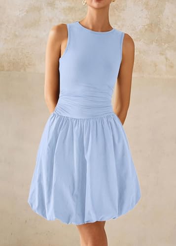 Image of KIRUNDO Summer Dresses for Women 2026 Cute Mini Sleeveless Bubble Dress | Stretchy Ruched Front Cinched Waist, Woven Balloon Skirt, Crewneck Tank Sundress With Pockets, Casual Party Vacation Outfits