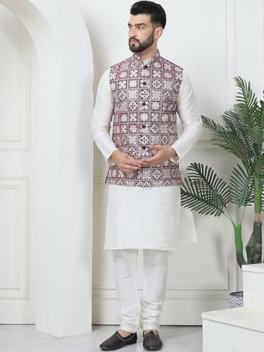 Image of SOJANYA (Since 1958 Men's Silk Blend Kurta Pyjama with Embroidered Nehru Jacket
