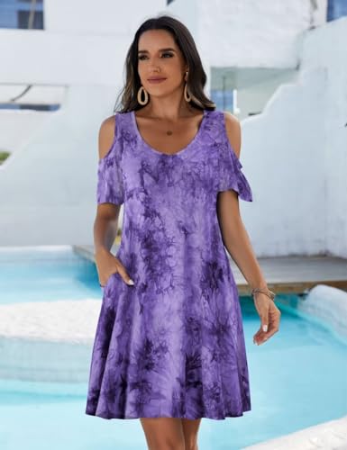 Image of JollieLovin Womens Plus Size Short Sleeve Cold Shoulder V Neck T-Shirt Dress with Pockets