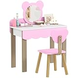 AIYAPLAY Kinder Schminktisch Set Frisiertisch mit Hocker Spiegel Schubladen Zubehör, Make-up Tisch Set im Bärendesign, Kinderschminktisch Prinzessin Kosmetiktisch für Mädchen 3-8 Jahre Rosa